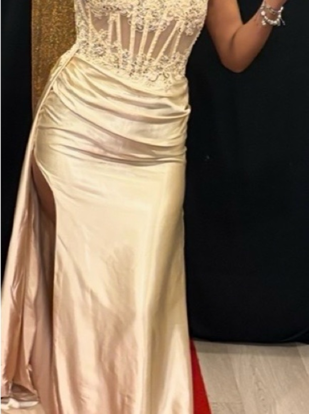 Elegant Ivory Satin Evening Gown with Beaded Bodice